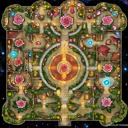 Psychedelic style masterpiece, high quality, BREAK top-down view, Floor Plan, large map, Table, Exterior, Dungeon, Map, distinct pathways, walls, rooms, doors, windows, hallways, marble structures adorned with rose vines, glowing banners with rose crests, rose motifs carved into walls, stained glass windows depicting blooming roses, starlight bridges lined with rose bushes, rose gardens, mystical energy swirling in the shape of roses, cosmic terrain with rose-shaped craters, gardens, cosmic, shimmering rose petals floating through the air, grand halls with rose chandeliers, floating sanctuary surrounded by rose vines, celestial knights adorned with rose armor, rose-shaped fountains <lora:DD_Table_RPG:0.8>, <lora:JJsFloorPlan_XL:1>, <lora:SDXLFaeTastic2400:1>, <lora:DonMR0s30rd3rXL:0.6> DonMR0s30rd3rXL , rose, knight, cyborg <lora:EnvyNIghtmareXL01:0.5> . Vibrant colors, swirling patterns, abstract forms, surreal, trippy