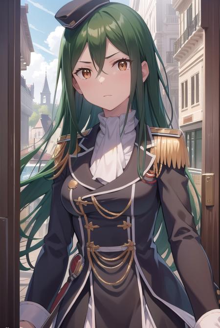 cruschkarsten, <lora:cruschkarsten-lora-nochekaiser:1>,
crusch karsten, long hair, hair between eyes, green hair, (brown eyes:1.4),
BREAK gloves, long sleeves, hat, jacket, boots, frills, white gloves, black footwear, uniform, military, ascot, military uniform, armband, epaulettes, white ascot,
BREAK looking at viewer, full body,
BREAK outdoors,
BREAK <lyco:GoodHands-beta2:1>, (masterpiece:1.2), best quality, high resolution, unity 8k wallpaper, (illustration:0.8), (beautiful detailed eyes:1.6), extremely detailed face, perfect lighting, extremely detailed CG, (perfect hands, perfect anatomy),