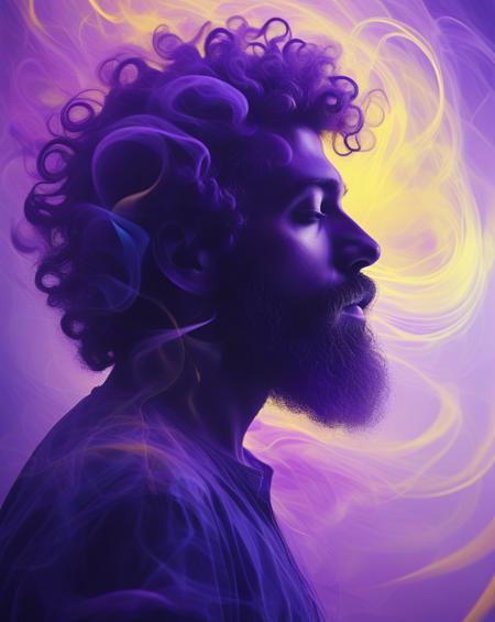 A vivid and abstract profile silhouette of a man, with a full beard and curly hair, surrounded by flowing, ethereal wisps of light in shades of purple, yellow, and blue. The background is a blend of swirling colors and abstract shapes, creating a sense of movement and energy, as if the silhouette is emerging from a dream-like, mystical realm