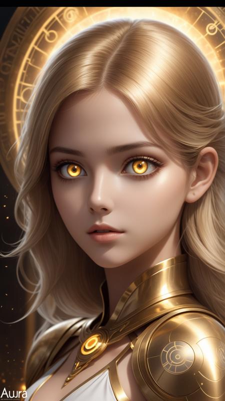 concept art Hyperrealistic art 1girl, beautiful, (glowing eyes:1.05), (hyperrealistic:1.2), masterpiece, Gold and white, Golden eyes, (worldofmist theme:1.1), aura, glyphtech, glyphs, hologram, scifi, worldofmist, worldofmist, (style-swirlmagic:0.4), best quality . Extremely high-resolution details, photographic, realism pushed to extreme, fine texture, incredibly lifelike . digital artwork, illustrative, painterly, matte painting, highly detailed