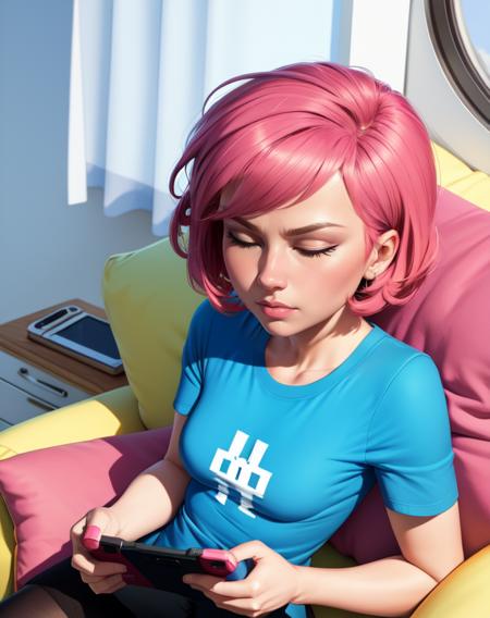 Gaz, short pink hair, closed eyes, blue shirt with white logo, skirt,  short sleeves, pantyhose, sitting, dark room,  night, window, 
on couch, playing handheld game console, (insanely detailed, beautiful detailed face, masterpiece, best quality)
 <lora:Gaz-10v6:0.9>