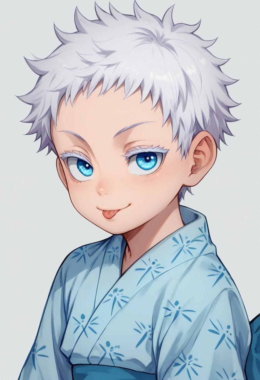 score_9, score_8_up, score_7_up, source_anime, highly detailed, young, 1boy, solo, cute boy, yg_gojo, white hair, blue eyes,colored eyelashes, kimono, smug smile, tongue out