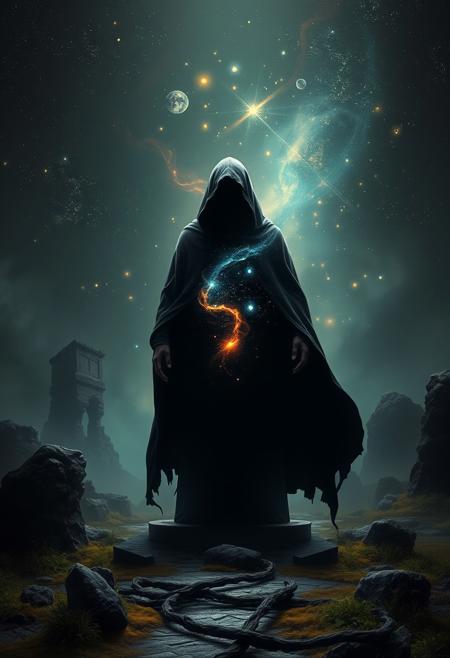 A universe inside a dark cloaked figure within mysterious landscape in an unfathomable realm of fantastic creation inhabited by ancient shadows of a forgotten time beyond the gate of the gateless gate where life is limitless, light is shadow and shadow is light