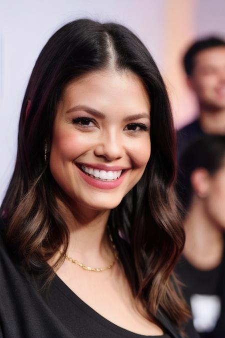 Photo of v1t0r1a5tr4d4 woman, detailed face, smiling, (blurred background)+, black tshirt