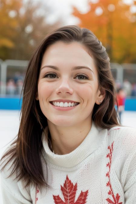 JamieSale, ((ice skating, ice rink, ice skates)), (shoulder-length hair, triangular hairdo, straight hair:1.2), (20 years old), smile:2, laughing:1.3, (red Canada maple-leaf sweater:1.3), head tilt, modelshoot, pose, in love, ((masterpiece, best quality, extremely detailed, perfect face, perfect body:1.2)), smile:1.2, closeup on upper body