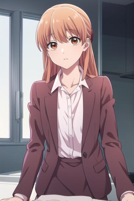 narumi momose, long hair, (brown eyes:1.2), skirt, shirt, jacket, formal, suit, pencil skirt, office lady, skirt suit,