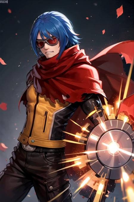 <lora:KrohnenMcdougall-09:0.7> ,k9999, solo, 1boy, blue hair, weapon, male focus, teeth, belt, scarf, cape, sunglasses, fire, clenched teeth, goggles, red scarf, single mechanical arm, drill