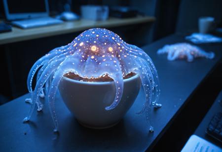 Bioluminescent tentacles emerge from a cup of coffee  that is on an office desk in an office late at night. Bioluminescence, luminous, office at night
