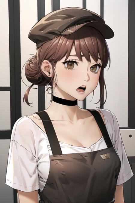 <lora:Mia_SW:0.9> miadef, brown eyes, brown hair, 
upper teeth only, teeth, sidelocks, apron, open mouth, shirt, solo, white shirt, hat, choker, hair bun, short hair, single hair bun, bangs, breasts, brown headwear, blush, indoors, collarbone, black choker, cleavage, 1girl
masterpiece, best quality