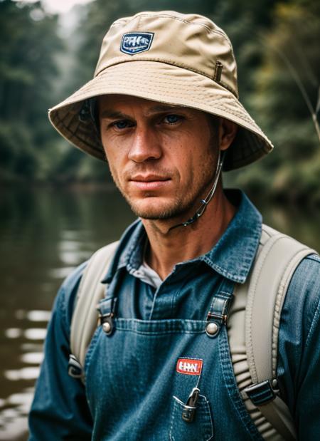 (<lora:SteveMcQueen:.85>) ,a close up Portrait photo of (sm1) man with blonde short hair, Detailed face, (perfect blue eyes), (highly detailed skin:1.1), perfect body, wearing a ((Overalls, Bucket Hat, Rubber Waders, Fishing Tackle Bag, Fishing Line Spool)), Modelshoot style, Professional Photography, soft lighting, PHOTOREALISTIC, Realistic, standing in a dark studio background, blurred background, volumetric fog,. RAW, analog style, sharp focus, 8k, HD, DSLR, high quality, Fujifilm XT3, film grain, award winning, masterpiece,