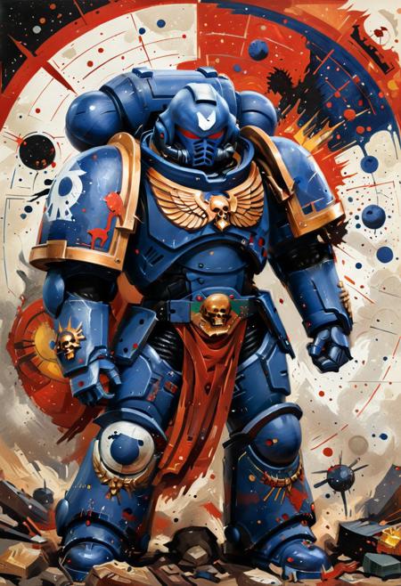 Knight armor, ultramarine, blue armor, primaris helmet, Full body. warhammer 40K, power armor, Ultramarine, digital art, cgi, official art, masterpiece, at the battlefield, (Space marine in the style of Frank Frazetta painting, Warhammer 40k, white armor) Dean Cornwell, design, 1970s, Russian Constructivist style, double exposure, volumetric lighting, expressive, ancient starchart, ink spattered background, warm colors, space, art deco, splatter, Japanese Woodblock print, planar rectilinear shapes, extreme energy, dynamic posing, Dutch angle, black, Crimson<lora:xl_more_art-full_v1:0.3>