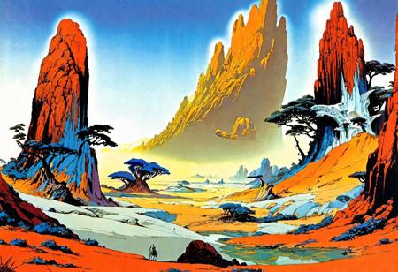 posterise, line-art, manga landscape, roger dean fantasy