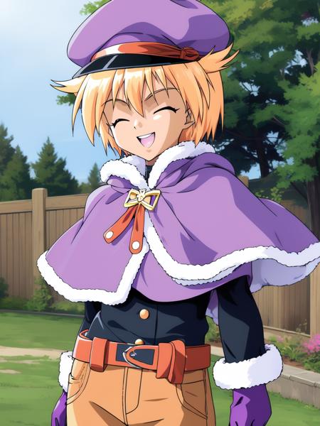 <lora:Ijuin_Mei:1>,  IjuinMei, closed eyes, dark skin, hat, 1girl, gloves, blonde hair, cape, dark-skinned female, short hair, open mouth, animal ears, belt, 1boy, solo focus, purple headwear, pants, purple cape, smile,
masterpiece, high quality, very_high_resolution, large_filesize, full color,