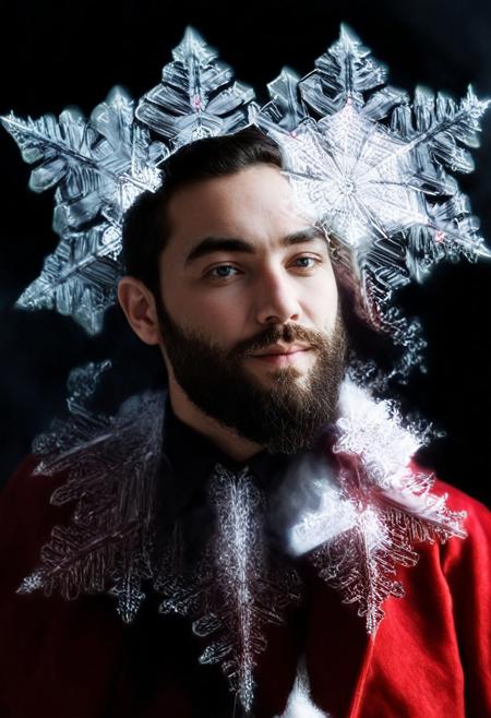 double exposure, blending, handsome male santa, close-up portrait, FRESHIDEAS Devil man,  <lora:coralbugXL:1>, snowflake.
