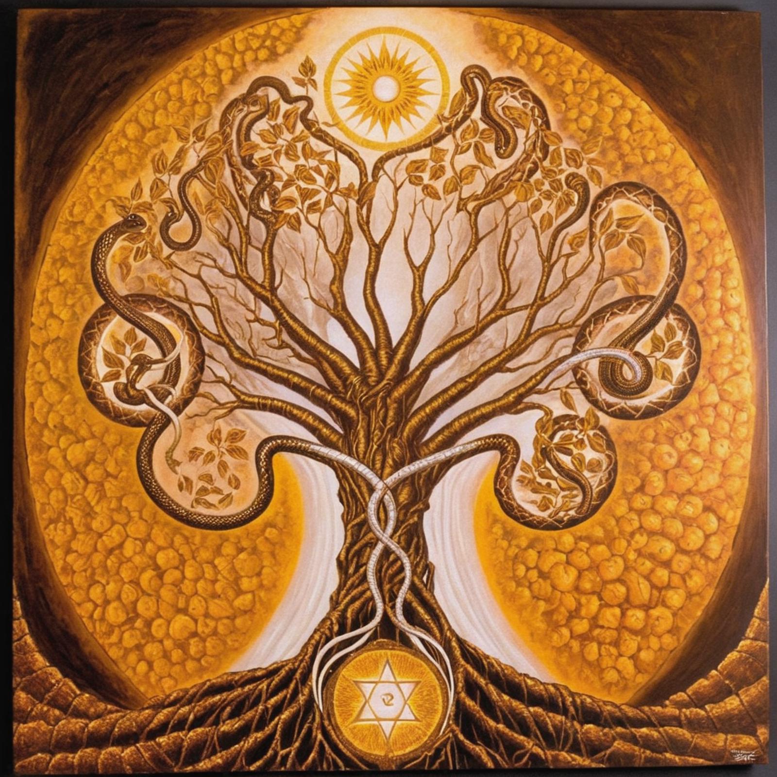 A Tree of Life with a Star in the Middle and Snakes Around It