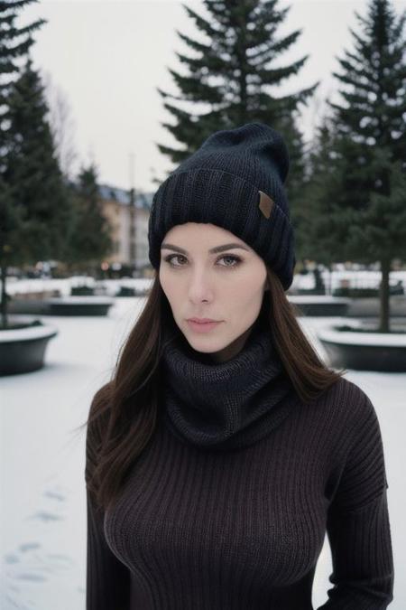 (Busty:1.2) slovenian woman, huge breasts silhouette, in the style of instant film, captivating gaze, looking at the camera, round face, Fujifilm Superia X-TRA 400, color negative film, noise, grain, romantic soft focus and ethereal light, --ar 3:2, beanie, full lips, tight wool sweater, scarf, winter day, town square with pinetrees background