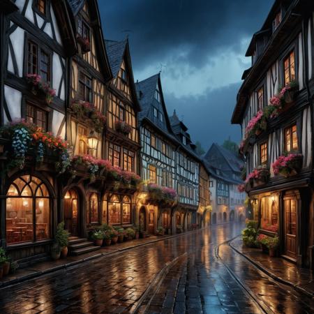 Ultra realistic deep and saturated color pencil drawing of a street of an old Bohemian town, with half-timbered houses and rain wet streets and flowers in the windows.
BREAK 
Deep dark intense midnight blue misty background, Dark theme, dynamic lighting, (soft shadows), (soft focus), (photo realistic), extreme details, uhd, 8k