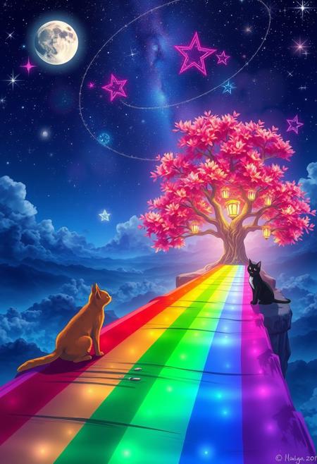 tree,stars,glow,night,cosmic,life,star,xenoblade,chronicles,scenic,desktop,nontextual,matter,abstraction,art,outline,abstract,chibionpu,tableau,arbre,peinture,moon,stars,,glow,fantasy,,night,tree,lantern,picture,color,,clouds,,light,,,,photo,revue,landscape,sylar,rainbow,brilliant,acid,mystic,kits,pink,,petals,,meditaie,,unificrii,conectare,mama,upscale,,number,<lora:wegg:1.0>,Envision a vast, vibrant rainbow bridge spanning a celestial realm. At one end, picture a magnificent orange tabby with medium-long fur,approaching with gentle curiosity. On the opposite side, imagine an althletic sleek tuxedo-patterned cat (95% black), adorned in striking black and white markings, standing with a sense of presence. Reflect on the essence of their encounter amidst the ethereal backdrop, reminiscent of the Rainbow Bridge from Pixar's Coco. The image represents a scene of the orange cat recently dying and leaving the world of the living via the rainbow bridge and seeing his loved one waiting for him on the bridge., wildlife photography, vibrant, architecture, 3d render, cinematic
