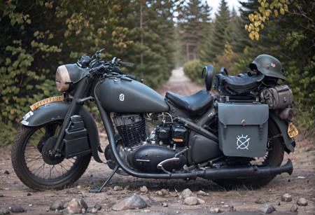 gorgeously rendered high-resolution wide-angle photograph of a ((sexy female)) (1girl) dressed as a WWII wargirls riding a nz350 along a ((dirt road)) in the distance, ((large breasts)), detailed, hdr, 8k, lens flare, <lora:dkw_nz350:0.6>  <lora:Cute Asian Face:0.7>  <lora:wargirls:1>