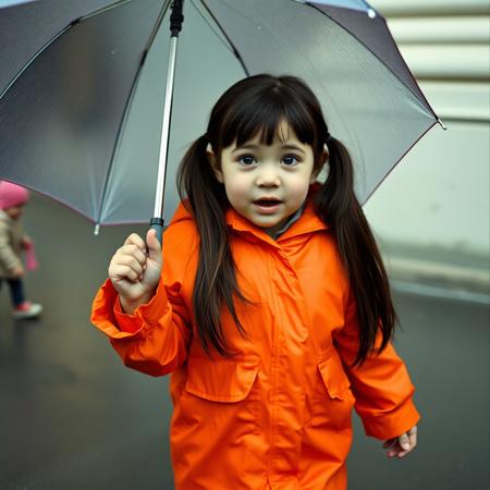 young child, enthusiastic expression, impulsive energy, long straight dark brown hair, bright raincoat, colorful rain boots, small stature, sister, holding umbrella, wide eyes, St. Petersburg setting, pigtails or loose hair, childish features, emotional (excitement), magical realismfilm, film grain,
no makeup, no jewelry, no fantasy armor.