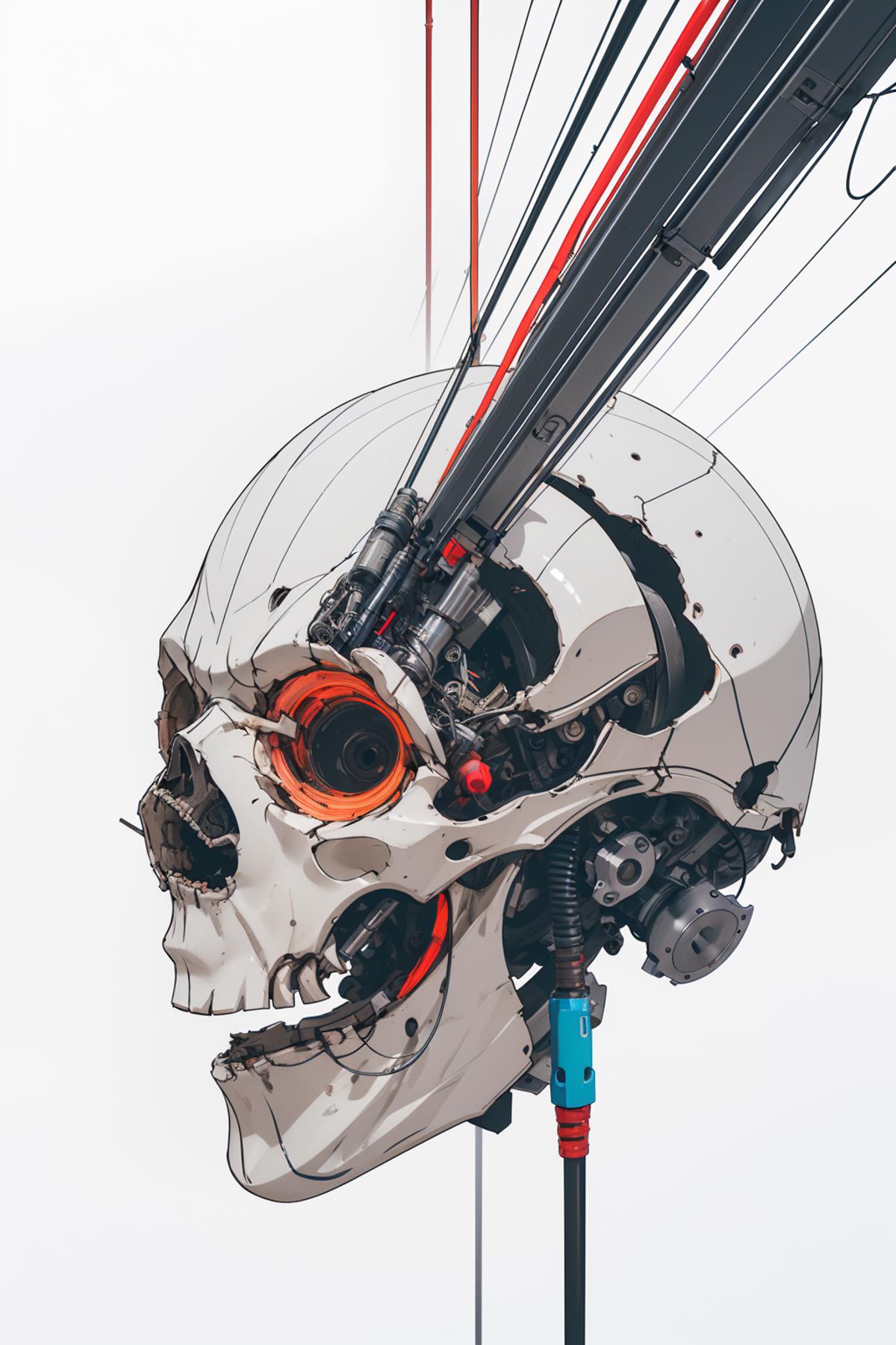 A robotic skull with orange and silver parts.