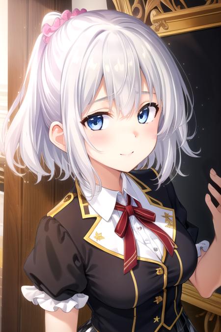 ((masterpiece)),(best quality),official art,extremely detailed CG,unity 8k wallpaper,ultra detailed,beautiful detailed eyes,extremely detailed face,1girl,solo,upper body,(portrait:1.5),looking at viewer,facing viewer,smile,Anesaki Mimari(unoneno),white hair,long hair,hair scrunchie,green scrunchie,hair ornament,hair between eyes,bangs,blue eyes,school uniform,short sleeves,black vest,collared shirt,neck ribbon,red ribbon,white shirt,large breasts,miniskirt,frilled skirt,black skirt,plaid skirt,white socks,loafers,<lora:Anesaki Mimari(unoneno)>,