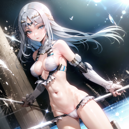 Galatea an anime woman wearing skimpy clothes and a very shiny white top, 1girl, long hair, breasts, swimsuit, bare shoulders, tiara, bangs, bikini, blue eyes, elbow gloves, gloves, white bikini, parted bangs, white gloves, thighs, navel, solo, cleavage, halterneck, robot joints, medium breasts, looking at viewer,