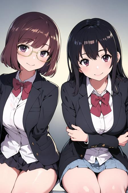 ((masterpiece)), (best quality), (detailed), (2 girls),library
AND ((masterpiece)), (best quality), (detailed), (2 girls),<lora:sno-12:0.35>,bow, bowtie,black jacket,black short hair,school uniform,glasses,smile
AND ((masterpiece)), (best quality), (detailed), (2 girls),<lora:sno-12:0.35>,bow, bowtie,black jacket,black long hair,school uniform,smile