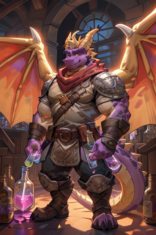 (high quality), ((spyro, dragon wings, anthro), solo, male focus, goggles, goggles on head, red bandana around the neck, (big eyes:1.2)) muscular, bodybuilder,  thick muscles, bulky muscles, hyper biceps, biceps, thick arms, thick thighs, huge thighs, thighs, huge legs, thick legs, extremely huge muscular pectorals, large pectorals, manly, smiling, (wearing alchemist outfit, potion vial on belt:1.2), standing, holding a red potion bottle, detailed face, detailed eyes, detailed body, front full body view, digital art, (fantasy rpg city)