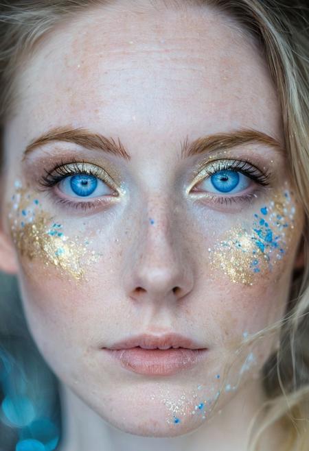 Close-up photography of a woman with blue eyes and expressive gaze, splashes of silver and gold pigments on her face. Pale skin with a few freckles. Background is slightly blurred, ethereal and enchanting atmosphere.