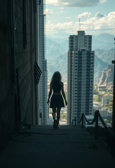 lone roguish female figure, walking away, narrow alleyway, towering concrete jungle, distant horizon of wild untamed mountains, mysterious landscape, candid, captured moment, (purposeful movement:1.2), cinematic, vast scenery, (detailed background:1.3), natural light, dramatic lighting, depth of field, (photorealism:1.4), 8k UHD, (blurry:-1.3), (lowres:-1.5), (ugly:-1.2), (mutated:-1.4), (worst quality:-1.4), (bad anatomy:-1.3), (cartoon:-1.1), (sketch:-1.1), (distorted proportions:-1.3), (extra limbs:-1.5), (cgi:-1.4)