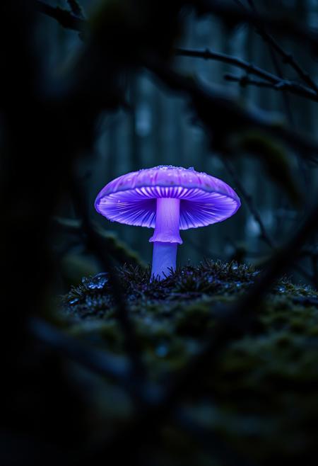 Photorealistic film image: A mushroom, emitting a supernatural violet glow,  sprouts form  the frozen moss in the dense, dark forest in winter. Our view is partially obscured by heavy branches, shaggy with moss. Shallow depth of field.