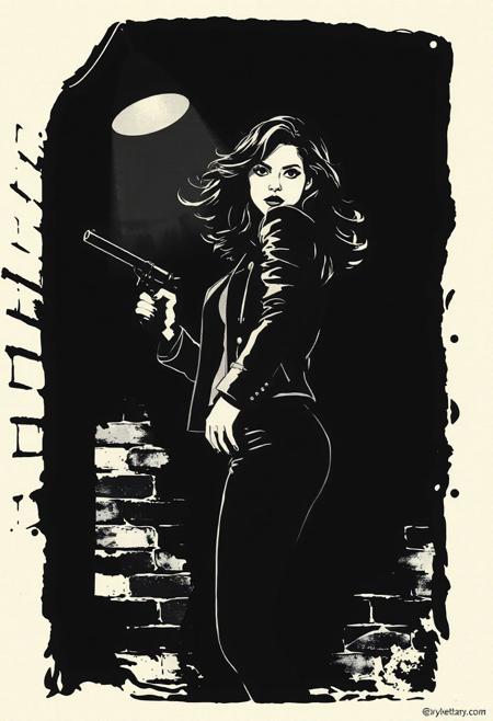 A stark, minimalist stencil illustration capturing a mysterious femme fatale emerging from deep shadows against a dilapidated brick façade, her form distilled into bold blacks and brilliant whites; her hair flows in dramatic waves, each strand defined by crisp lines, and she wears a sleek leather jacket with metal studs glinting in the sparse light. Pose: She leans forward slightly toward the viewer, left arm extended behind clutching a vintage revolver, right hand resting on her hip with fingers splayed, right leg bent at the knee, weight pressing forward for a poised and predatory stance, head tilted back with a confident smirk. A single overhead lamp casts a sharp pool of light onto the rough wall texture below, evoking the feel of avant-garde street murals fused with classic cinema poster aesthetics.