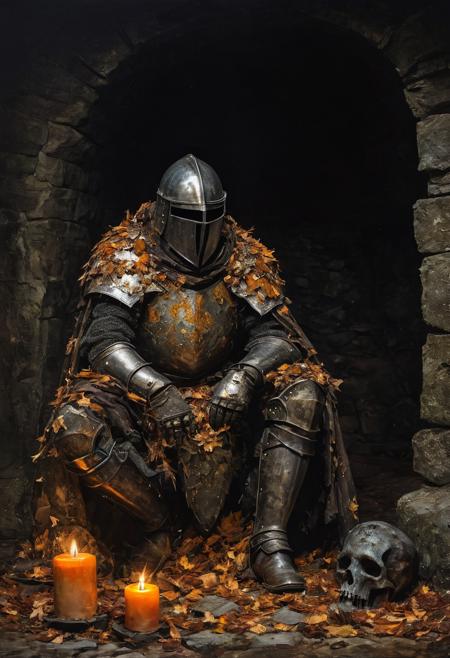 by Arthur Stanley Wilkinson, (well-designed, clear details, masterpiece, best quality:1.4), in the style of nicola samori, (seated decrepit old dead knight fused with a big stone), on the ground, rusty, detailed knight's helmet, ominous, (in dark cave:1.2), moss, light falls, dark, intricate, candles on the edges, lots of candles, average view, dystopian, dry leaves, detailed, high quality, <lora:epi_noiseoffset2:0.5> <lora:add-detail-xl:1> <lora:xl_more_art-full_v1:0.5> <lora:NicolaSamori:0.7>