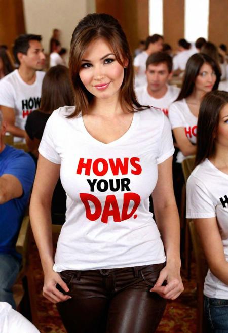 "HOWS YOUR DAD" written on t-shirt, Female in the crowded room, brown hair, huge cleavage, Best quality, masterpiece, ultra high res, wearing a (((white t-shirt that says "HOWS YOUR DAD"))) on it,, (photorealistic:1.4), young woman posing for a picture, perfect detailed skin texture, view from the front, full body, standing straight up,  (slight smile:1.3), pointing at the viewer, BREAK (((teeshirt that says "HOWS YOUR DAD"))), BREAK, (bursting tits:1.2), white teeshirt, BREAK