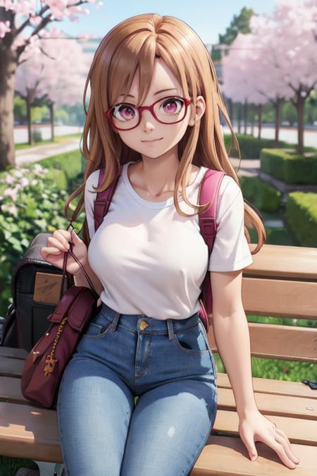 best quality, highly detailed, chiharu, wearing backpack, white shirt, blue jeans, sitting on a bench under a sakura tree, AS-Adult