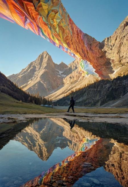 mountain warp into Mobius strips. A lone figure, suspended mid-air, appears trapped in an optical illusion of reflections and refractions colorful , professional photography, natural lighting, volumetric lighting maximalist. intricately detailed, complex, elegant, expansive, fantastical, film photography style,  medium grain