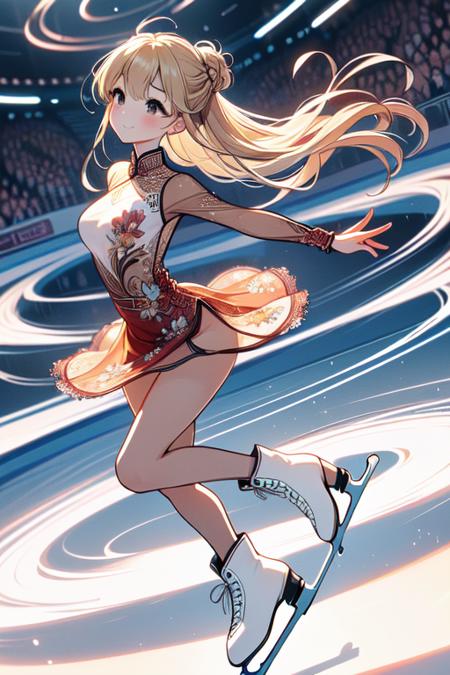 flying spin motion blur spiral lines dancing on grand ice skating exhibition raise shoe raise arm floral print lace dress sleeves cinematic light countless crowd wind night