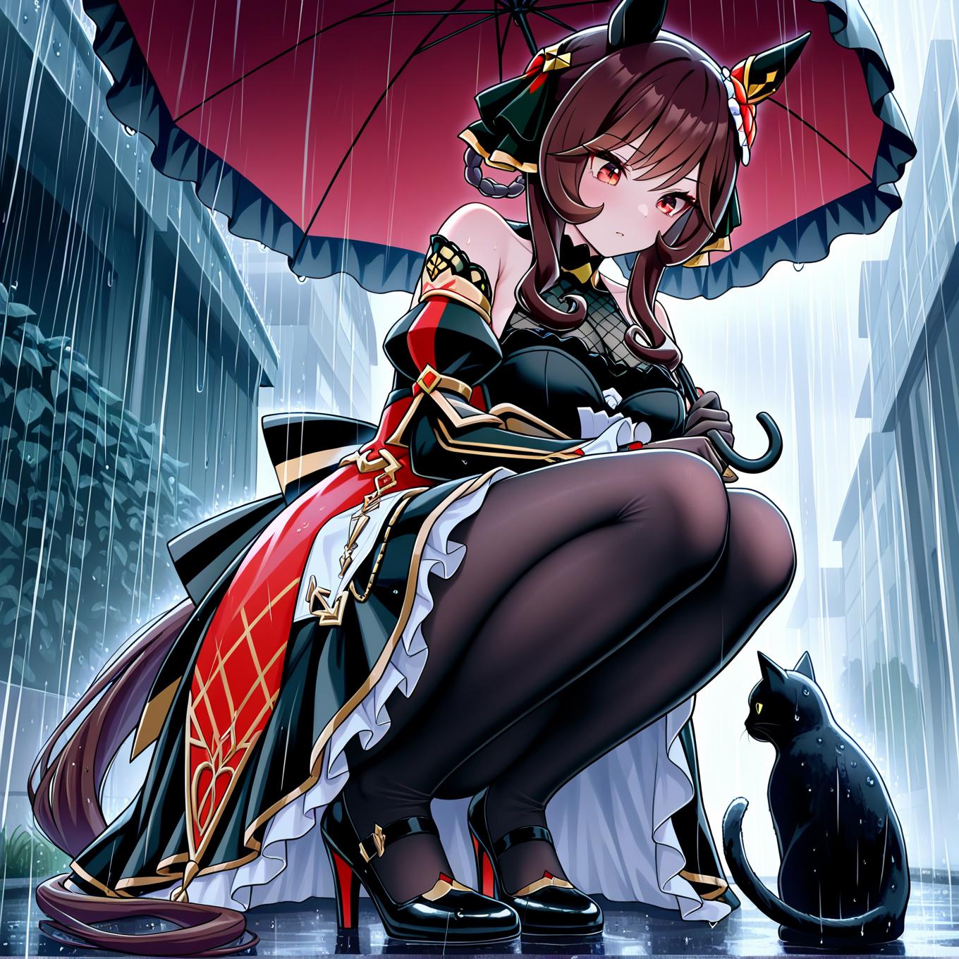 Gentildonna \(umamusume\), solo, 
squatting, looking down,holding parasol, cat on the street, in the rain,
masterpiece,best quality,amazing quality,very aesthetic,absurdres,newest,