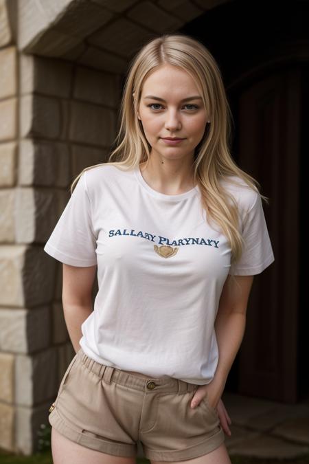 a full body protrait of [[woman ]] whitney-r1 standing in front of scottish (castle) beautiful wearing a (soldier shorts shirt uniform) [smile] summer