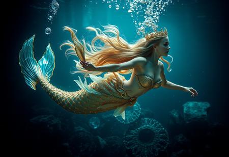 Mystical ethereal siren mermaid swimming deep in the ocean abyss surrounded by elements of gold silver and (iridescent) colors. Beneath her are small diamonds and pearls captivating masterpiece whimsical depth, photography, underwater, hyper realistic, ultra detailed
