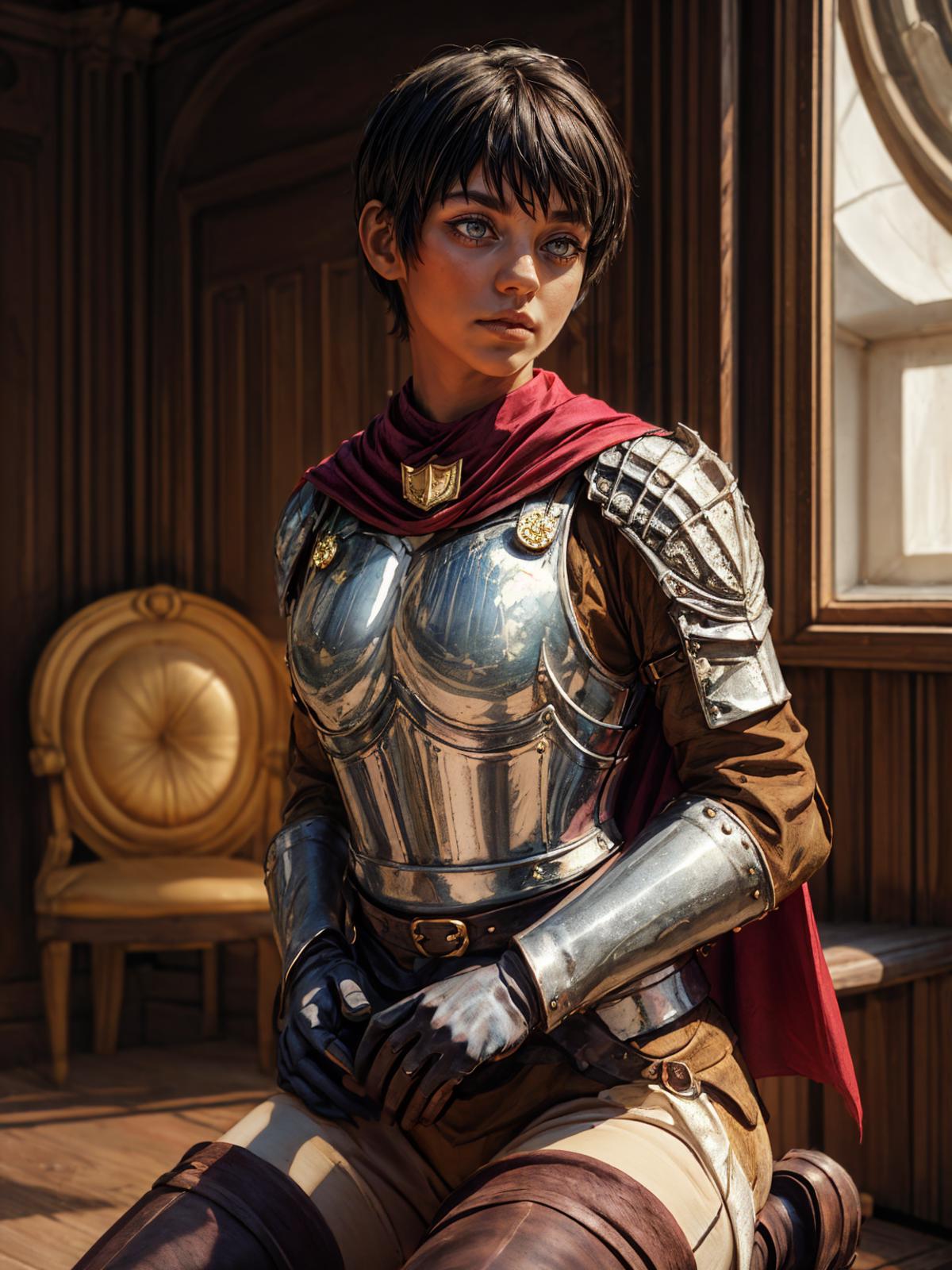 A female warrior in a silver armor and red cape posing in a room.
