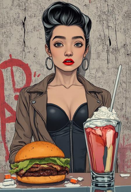 JBX_Rockabilly_Retro. Surreal anime illustration of a young glamorous cool Rockabilly-style woman with dramatic pompadour bouffant hair, large bust, black latex bullet bra, open leather biker jacket and heavy makeup. She stands against a textured background with graffiti. A thick beef and bacon burger and a coloured milkshake with whipped cream and marshmallow topping.