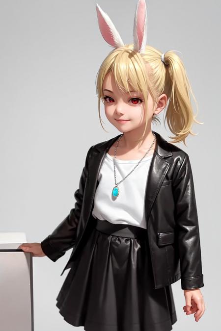 masterpiece, best quality, 1girl,rabbit ears,(blonde hair:1.4),short hair,side ponytail,clothes,simple background, grey background,necklace,red eyes,hand on hip, little smile,white shirt,open jacket,open clothes,black jacket,black skirt,white pantyhose, blurry background,blurry,shiny skin,