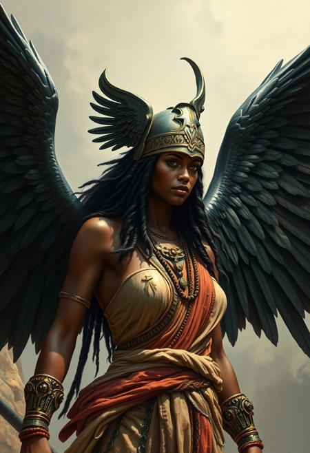 Full shot of an African tribal Valkyrie, black wings, tribal clothes, ancient greek helmet, Athena Helmet, in the oil painting style of Frank Frazetta, epic pose, heroic pose