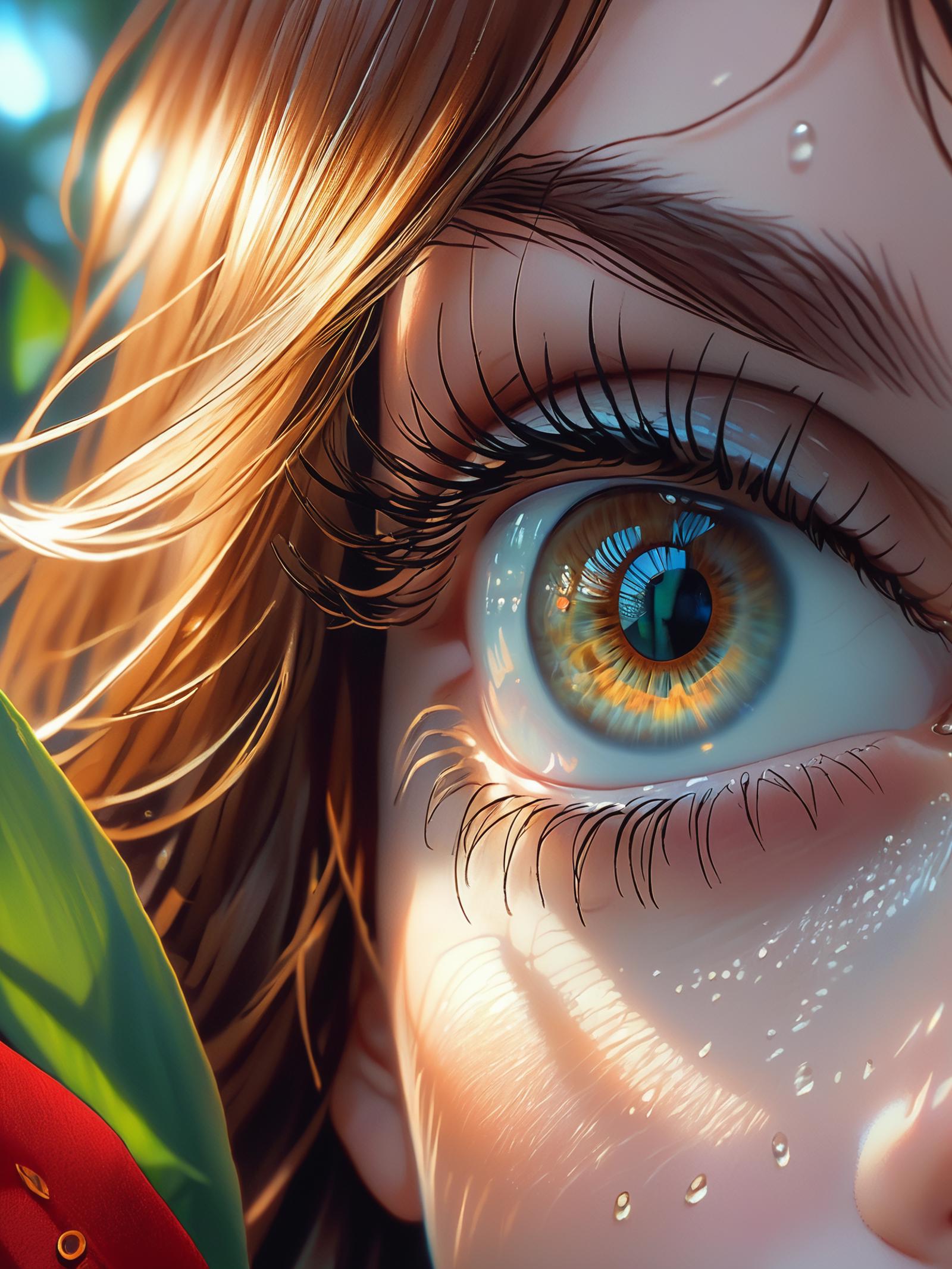 A close-up of a woman's eye with a green iris.