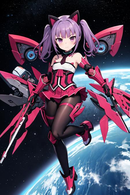 ichijou ayaka, velvet kitten, normal gear, alice gear, twintails, sidelocks, black collar, detached collar, elbow gloves, black gloves, fake animal ears, headgear, necktie, strapless leotard, black legwear, black pantyhose, bare shoulders, detached sleeves, pleated skirt, gauntlets, armored boots, mecha musume, space, planet <lora:fingers4civitai:1:1:lbw=OUTALL> <lora:ichijou_ayaka_locon_v1:0.7>