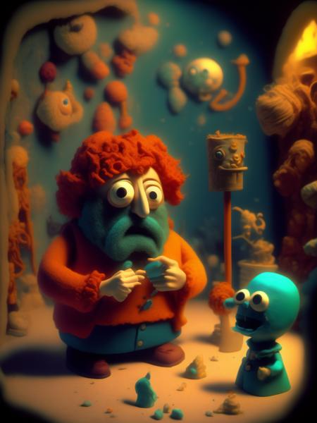 <lora:CLAYMATION:1>wool shirt cartoon, directed by Alexandro Jodorowsky, creative, trippy, extreme detail, claymation, playdoh, minature