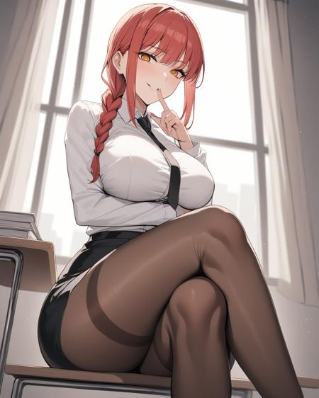 <lora:makima_lokr_sdxl_1200:1>, 1girl, solo, long hair, breasts, looking at viewer, smile, bangs, skirt, large breasts, shirt, long sleeves, sitting, yellow eyes, white shirt, braid, pantyhose, sidelocks, thighs, red hair, necktie, collared shirt, indoors, black skirt, black pantyhose, window, from below, crossed legs, black necktie, index finger raised, finger to mouth, desk, pencil skirt, thighband pantyhose, braided ponytail, office lady, ringed eyes, arm under breasts, shushing, on desk,  masterpiece, best quality