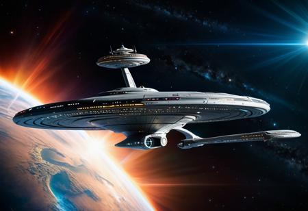 High quality photo of the Star Trek Starship Enterprise cruising through space, in vast three-point perspective, highly detailed masterpiece, 8K ultra-high resolution, ultra-high definition, 3D shading and highlights, extreme HDR volumetric dynamic natural lighting, Professional photography, bokeh, natural lighting, canon lens, shot on dslr 64 megapixels sharp focus
